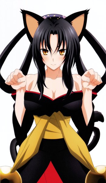 Anime picture 4041x6911 with highschool dxd kuroka (high school dxd) miyama zero single long hair tall image highres black hair simple background white background animal ears yellow eyes absurdres cleavage tail traditional clothes japanese clothes animal tail cat ears scan