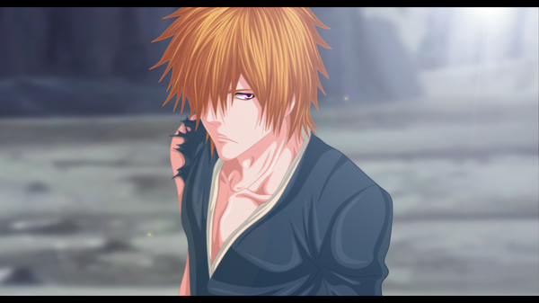 Anime picture 1500x843 with bleach studio pierrot kurosaki ichigo hollowcn single fringe short hair wide image japanese clothes pink eyes sunlight hair over one eye orange hair coloring torn clothes portrait letterboxed boy kimono