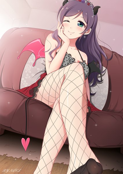 Anime picture 2480x3507 with love live! school idol project sunrise (studio) love live! toujou nozomi nacl (v virgo) single long hair tall image blush fringe highres breasts light erotic smile large breasts bare shoulders signed purple hair indoors tail