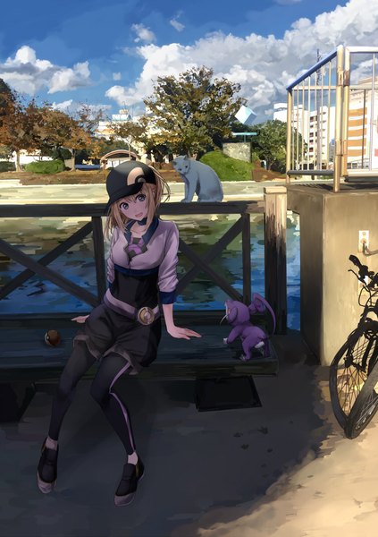 Anime picture 753x1068 with pokemon pokemon (game) pokemon go nintendo female protagonist (pokemon go) rattata mikipuruun no naegi single long hair tall image looking at viewer open mouth blue eyes blonde hair smile sitting payot sky cloud (clouds) full body