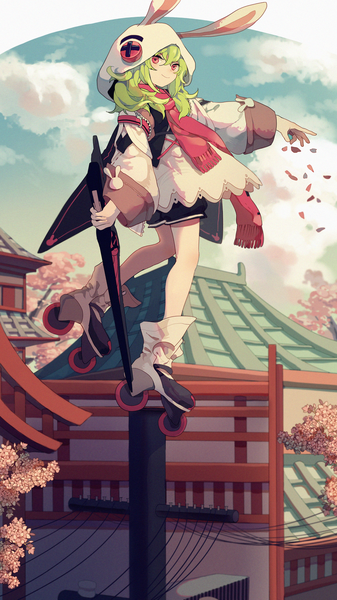 Anime picture 1200x2133 with forever 7th capital eiruby (forever 7th capital) xi yuu single long hair tall image fringe smile hair between eyes sky cloud (clouds) full body pink eyes green hair outstretched arm animal hood architecture east asian architecture girl scarf