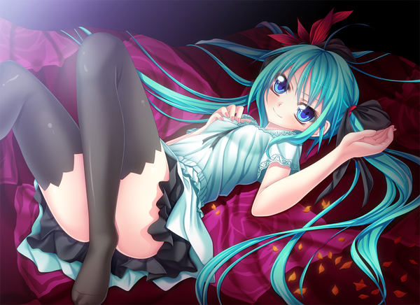 Anime picture 1200x872 with vocaloid world is mine (vocaloid) hatsune miku ina (inadahime) single long hair blue eyes smile twintails lying barefoot aqua hair on back girl thighhighs dress skirt black thighhighs miniskirt petals