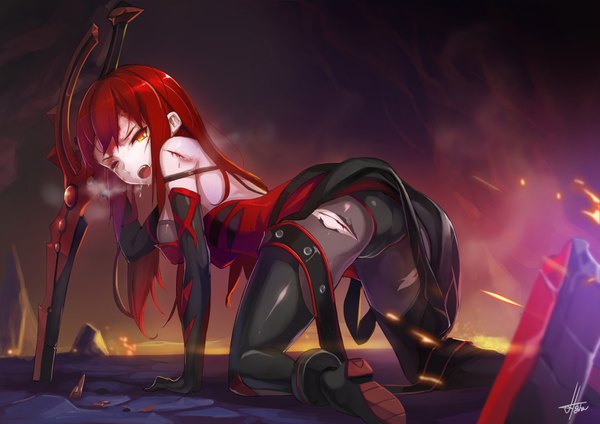 Anime picture 1500x1060 with elsword elesis (elsword) crimson avenger (elsword) hagha single long hair looking at viewer open mouth light erotic bare shoulders holding yellow eyes full body red hair one eye closed kneeling torn clothes smoke bare back injury