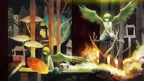 Anime picture 3200x1813 with original hanyijie long hair highres short hair blonde hair wide image multiple girls cloud (clouds) kneeling fantasy girl 2 girls plant (plants) wings tree (trees) moon umbrella bottle fire