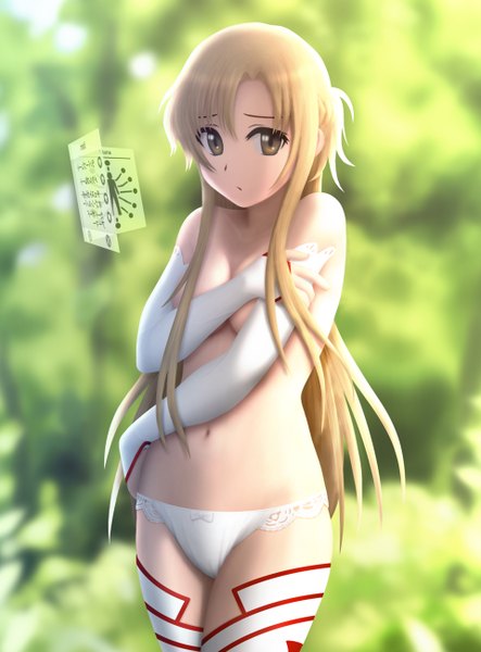 Anime picture 960x1300 with sword art online a-1 pictures yuuki asuna siraha single long hair tall image looking at viewer light erotic blonde hair bare shoulders brown eyes midriff girl thighhighs gloves navel white thighhighs elbow gloves
