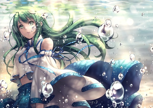 Anime picture 1000x707 with touhou kochiya sanae tidsean single long hair bare shoulders green eyes green hair underwater girl detached sleeves bubble (bubbles)