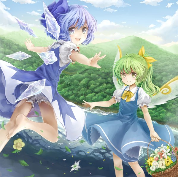 Anime picture 2353x2339 with touhou cirno daiyousei af-henrytz long hair looking at viewer highres short hair open mouth blue eyes smile multiple girls green eyes blue hair ponytail looking back barefoot green hair puffy sleeves spread arms