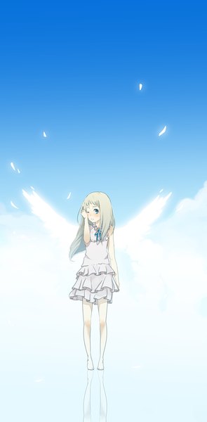 Anime picture 1280x2600 with ano hi mita hana no namae wo bokutachi wa mada shiranai a-1 pictures honma meiko maruta-chan6 single long hair tall image blush blue eyes blonde hair sky full body one eye closed barefoot wink shadow tears reflection hand on cheek girl