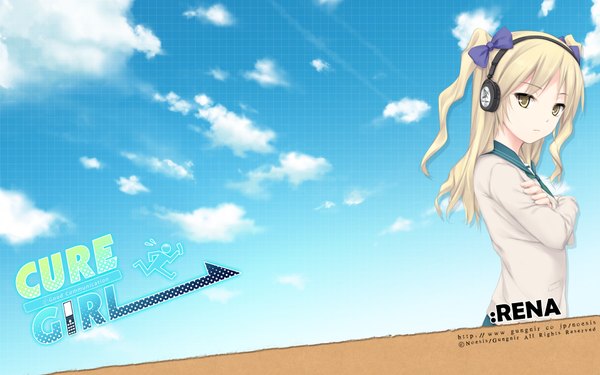 Anime picture 1920x1200 with cure girl noesis (studio) nanjou rena coffee-kizoku single highres blonde hair wide image twintails yellow eyes cloud (clouds) crossed arms girl bow hair bow headphones