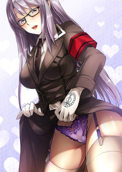 Anime picture 1182x1669 with dies irae riza brenner mia (gute-nacht-07) single long hair tall image looking at viewer blush fringe breasts open mouth light erotic purple eyes purple hair head tilt thighs skirt lift lace-trimmed panties military girl
