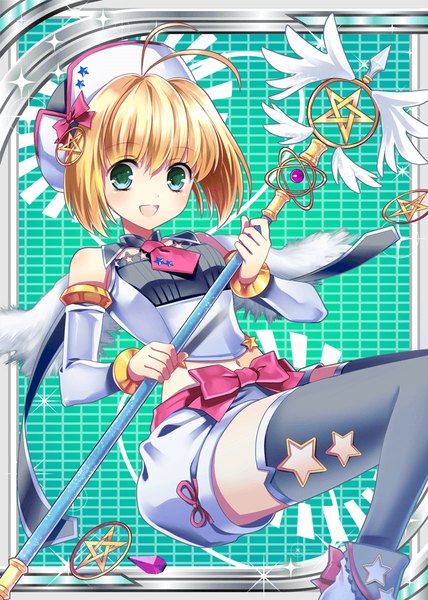 Anime picture 640x896 with shinkai no valkyrie single tall image looking at viewer fringe short hair breasts open mouth blonde hair holding green eyes ahoge bent knee (knees) bare belly happy bob cut girl thighhighs navel bow