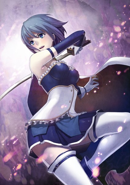 Anime picture 566x800 with mahou shoujo madoka magica shaft (studio) miki sayaka terumii single tall image blush fringe short hair open mouth blue eyes bare shoulders holding blue hair looking away bent knee (knees) pleated skirt fighting stance magical girl girl
