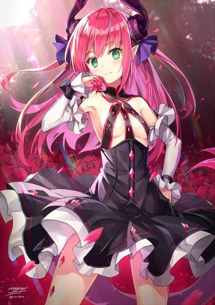 Anime picture 867x1227 with fate (series) fate/extra fate/extra ccc elizabeth bathory (fate) (all) elizabeth bathory (fate) rin yuu single long hair tall image looking at viewer blush light erotic green eyes signed tail arm up horn (horns) light smile wind pointy ears