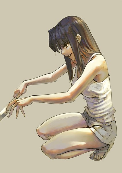 Anime picture 707x1000 with original aro (charged time out) single long hair tall image open mouth simple background brown hair bare shoulders brown eyes bent knee (knees) squat girl shorts sandals blouse