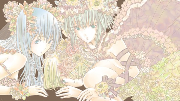 Anime picture 1280x720 with vocaloid hatsune miku kagamine rin gumi tagme (artist) long hair blush fringe short hair open mouth blue eyes wide image twintails multiple girls green eyes green hair hair over one eye girl dress flower (flowers)