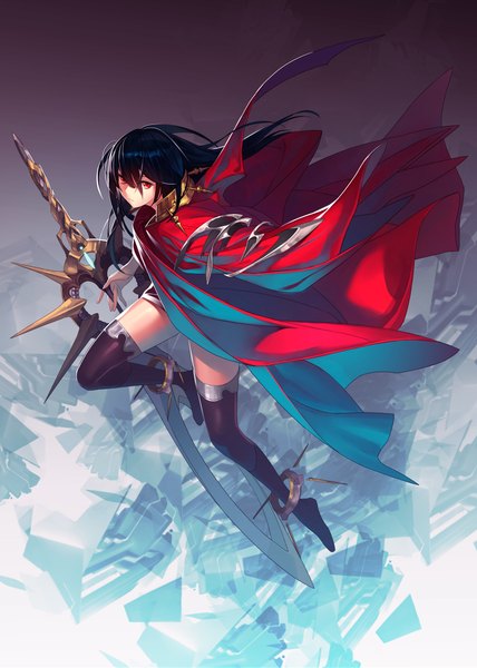 Anime picture 1600x2240 with original jandy single long hair tall image looking at viewer black hair red eyes girl thighhighs weapon black thighhighs cape huge weapon huge sword