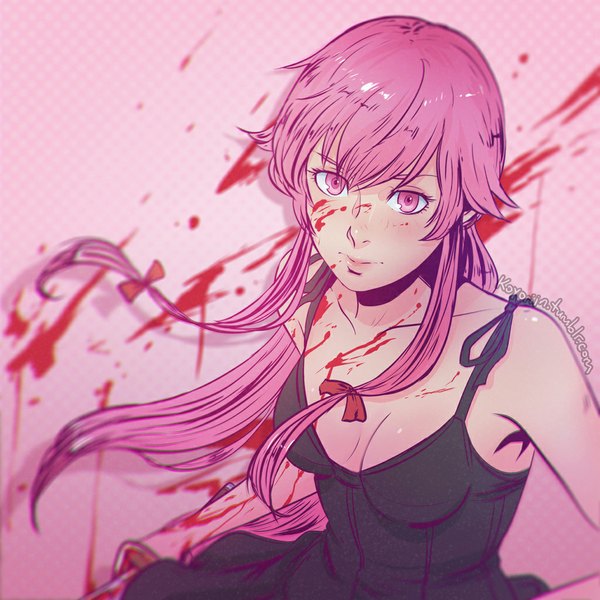 Anime picture 1024x1024 with mirai nikki gasai yuno koyoriin single long hair looking at viewer blush fringe breasts simple background twintails bare shoulders holding signed pink hair cleavage upper body ahoge lips low twintails