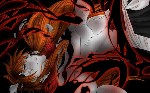 Anime picture 2560x1600 with bleach studio pierrot kurosaki ichigo rideonmusic long hair highres wide image orange hair orange eyes pale skin hollow boy mask