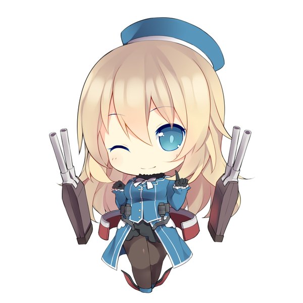 Anime picture 1771x1771 with kantai collection atago heavy cruiser saru (longbb) single long hair looking at viewer highres blue eyes blonde hair simple background white background one eye closed wink chibi girl skirt gloves weapon pantyhose black gloves