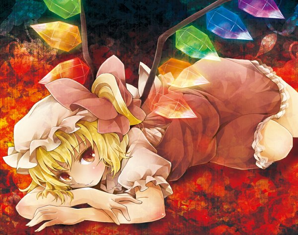 Anime picture 1072x850 with touhou flandre scarlet michii yuuki single short hair blonde hair red eyes lying one side up girl hat wings bonnet crystal