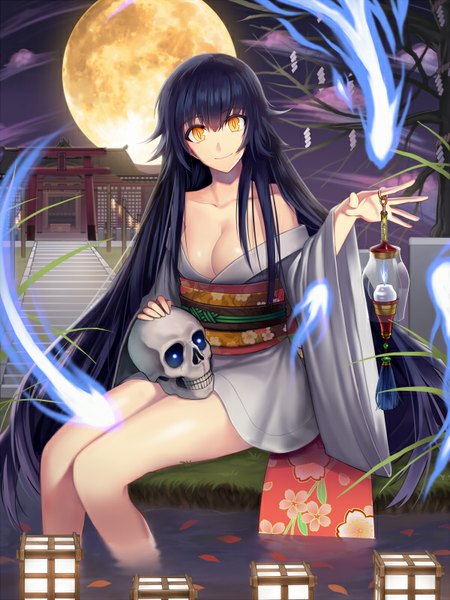 Anime picture 600x800 with original carchat single long hair tall image looking at viewer fringe breasts light erotic smile sitting bare shoulders holding yellow eyes cleavage traditional clothes japanese clothes wide sleeves legs glowing