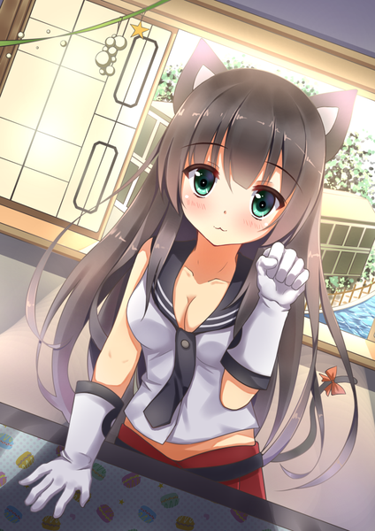 Anime picture 707x1000 with kantai collection agano light cruiser suzuame yatsumi single long hair tall image blush fringe breasts brown hair standing animal ears tail animal tail aqua eyes sunlight cat ears cat girl cat tail :3