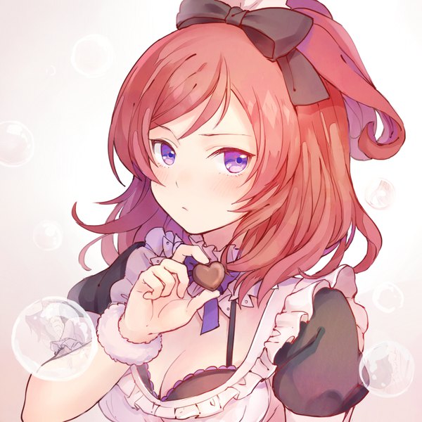 Anime picture 800x800 with love live! school idol project sunrise (studio) love live! nishikino maki rio.lw single looking at viewer blush short hair light erotic simple background blonde hair white background purple eyes holding upper body red hair maid puffy sleeves gradient background