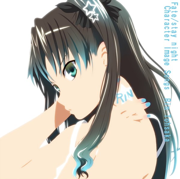 Anime picture 1054x1050 with fate (series) fate/stay night studio deen type-moon toosaka rin diesel-turbo single long hair black hair simple background white background green eyes nail polish profile face girl