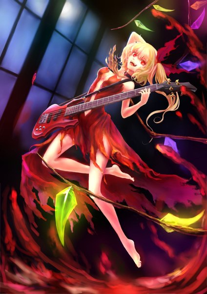 Anime picture 1200x1697 with touhou flandre scarlet grape.mk-233 single tall image short hair open mouth blonde hair red eyes barefoot girl dress bow hair bow wings crystal guitar electric guitar