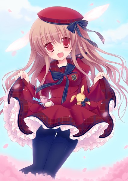 Anime picture 1000x1412 with original mana (10221125) single long hair tall image blush open mouth red eyes brown hair cherry blossoms girl uniform school uniform petals pantyhose food sweets toy beret stuffed animal