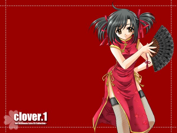 Anime picture 1600x1200 with nishimata aoi chinese clothes red background chinese dress clover (plant)