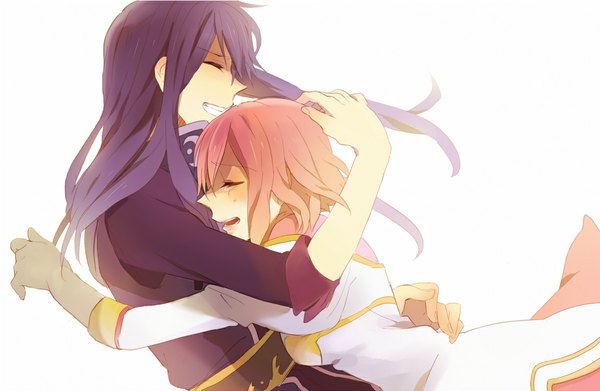 Anime picture 1150x750 with tales of (series) tales of vesperia yuri lowell estellise sidos heurassein long hair short hair simple background smile white background pink hair purple hair eyes closed couple hug tears gloves