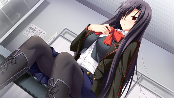 Anime picture 1024x576 with soukoku no arterial long hair blush black hair red eyes wide image game cg girl skirt uniform school uniform miniskirt boots bowtie