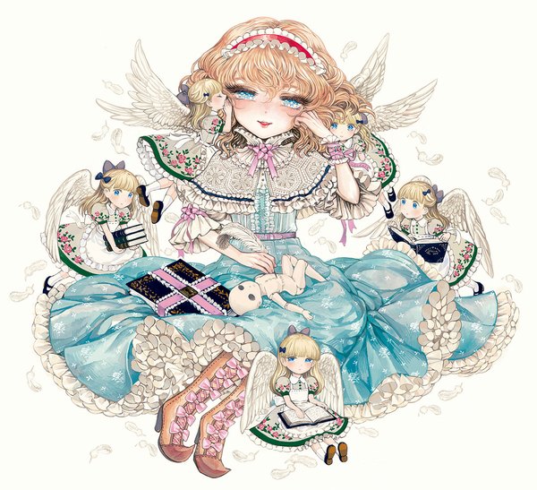 Anime picture 1000x913 with touhou alice margatroid shanghai takatora looking at viewer blush short hair blue eyes simple background blonde hair white background sitting eyes closed profile angel wings white wings girl dress bow wings