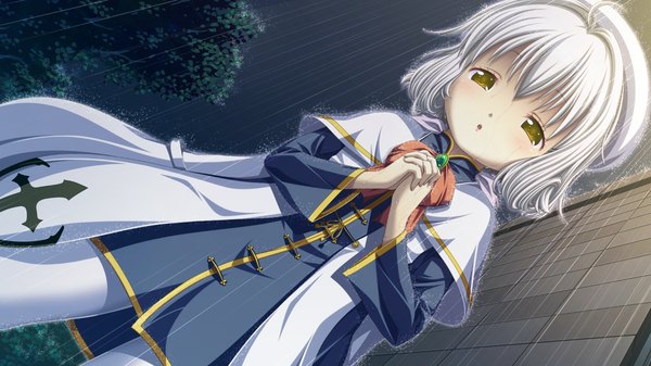 Anime picture 1280x720 with hatsukoi sacrament noa (hatsukoi sacrament) single wide image yellow eyes game cg silver hair loli rain girl