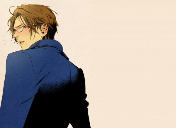 Anime picture 1041x760 with axis powers hetalia studio deen austria (hetalia) blush short hair simple background brown hair purple eyes looking back mole back boy glasses cloak