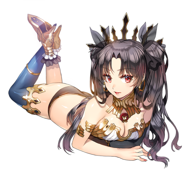 Anime picture 800x770 with fate (series) fate/grand order ishtar (fate) ruhee single blush breasts light erotic simple background large breasts white background bare shoulders looking away cleavage lying parted lips high heels two side up crossed legs on stomach