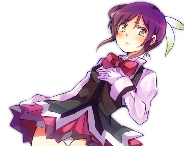 Anime picture 1512x1200 with aquarion (series) aquarion evol satelight mikono suzushiro single blush simple background white background brown eyes purple hair girl dress gloves bowtie