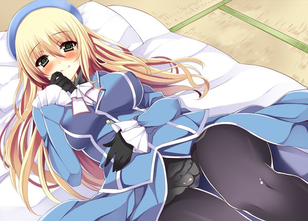 Anime picture 1264x908 with kantai collection atago heavy cruiser kusano (torisukerabasu) single long hair looking at viewer blush fringe breasts light erotic blonde hair smile large breasts green eyes lying light smile hand to mouth girl thighhighs skirt