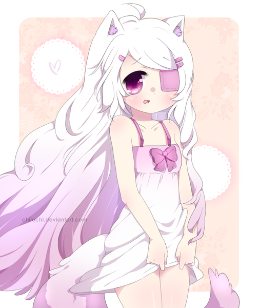 Anime picture 800x950 with chiiochi single long hair tall image blush open mouth purple eyes signed animal ears purple hair ahoge white hair tail multicolored hair loli gradient hair framed cute girl bow