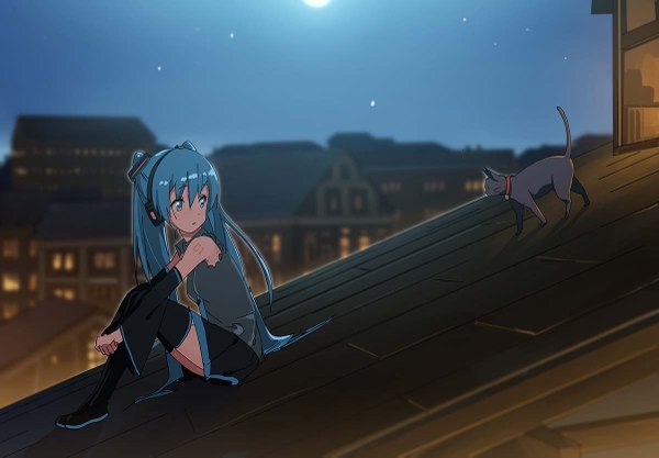 Anime picture 1200x835 with vocaloid hatsune miku domo1220 long hair fringe blue eyes twintails blue hair looking away full body bent knee (knees) parted lips pleated skirt night tattoo night sky city cityscape city lights girl