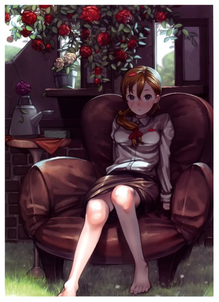 Anime picture 2387x3300 with kurumayama single long hair tall image looking at viewer blush highres brown hair sitting brown eyes barefoot scan girl skirt flower (flowers) window rose (roses) leaf (leaves)