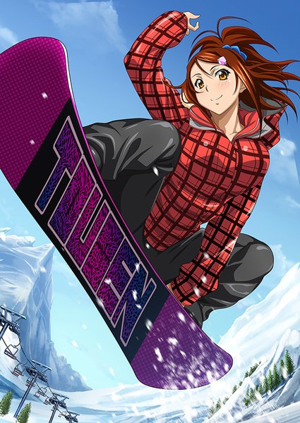 Anime picture 600x847 with ikkitousen bachou mouki single long hair tall image looking at viewer blush smile brown hair brown eyes mountain girl jacket snowboard
