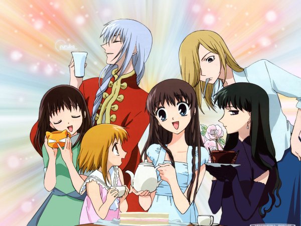 Anime picture 1280x960 with fruits basket studio deen honda tooru souma kyou souma kisa hanajima saki uotani arisa souma ayame souma kagura long hair fringe short hair black hair blonde hair brown hair multiple girls holding silver hair profile hair over one eye