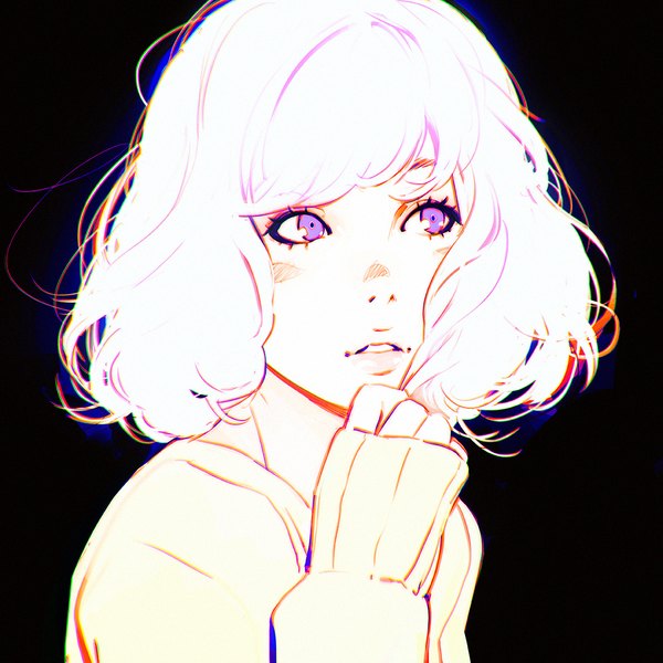 Anime picture 1080x1080 with original ilya kuvshinov single fringe short hair simple background purple eyes looking away upper body white hair long sleeves parted lips lips teeth black background sleeves past wrists portrait girl sweater