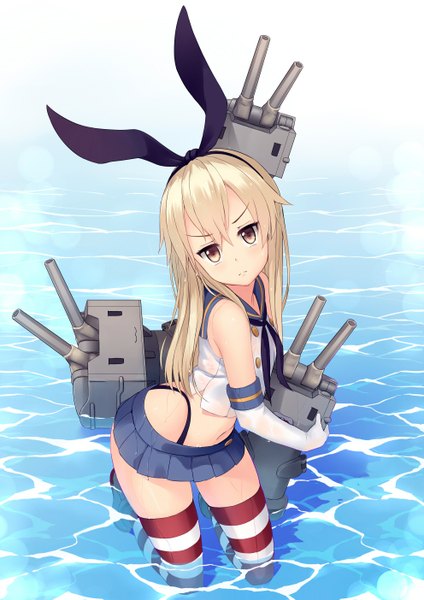 Anime picture 992x1403 with kantai collection shimakaze destroyer rensouhou-chan ti-tang single long hair tall image blonde hair brown eyes head tilt >:( girl thighhighs skirt gloves bow weapon hair bow miniskirt water