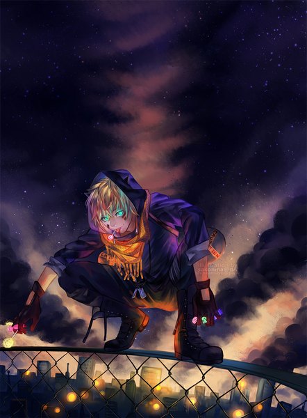 Anime picture 850x1154 with original shinkami single tall image short hair blonde hair holding green eyes horn (horns) inscription night night sky mouth hold city smoke squat cityscape face paint boy gloves