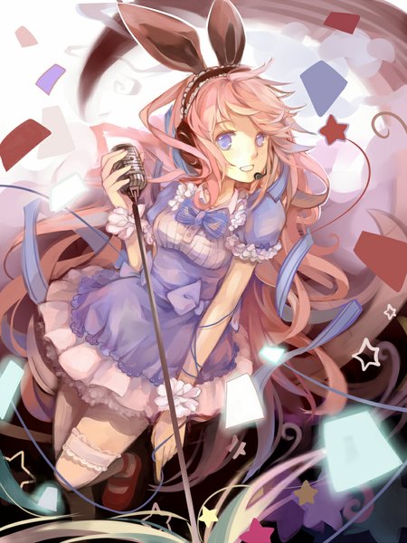 Anime picture 885x1181 with sound horizon esgip single tall image looking at viewer fringe breasts smile animal ears pink hair very long hair aqua eyes bunny ears happy glow girl dress bow ribbon (ribbons) shoes
