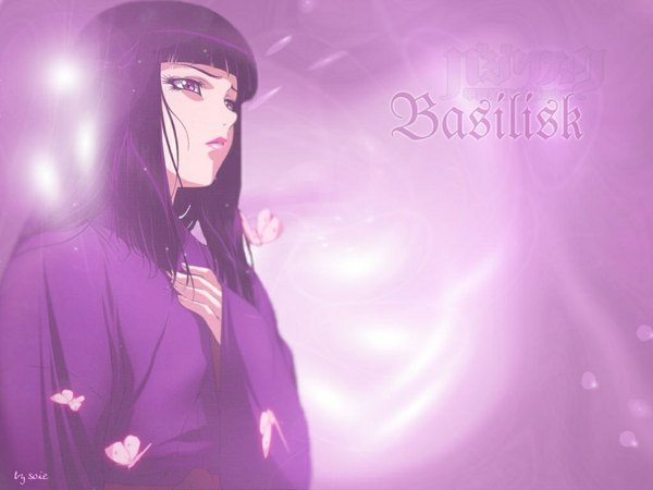Anime picture 1024x768 with basilisk hotarubi single long hair signed purple hair traditional clothes japanese clothes pink eyes inscription hands clasped girl insect butterfly