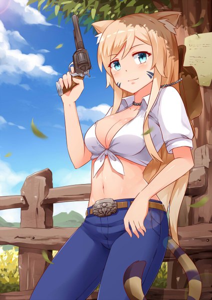 Anime picture 1000x1414 with mmrailgun single long hair tall image blush fringe blue eyes light erotic blonde hair holding animal ears sky cleavage cloud (clouds) tail animal tail no bra bare belly girl navel